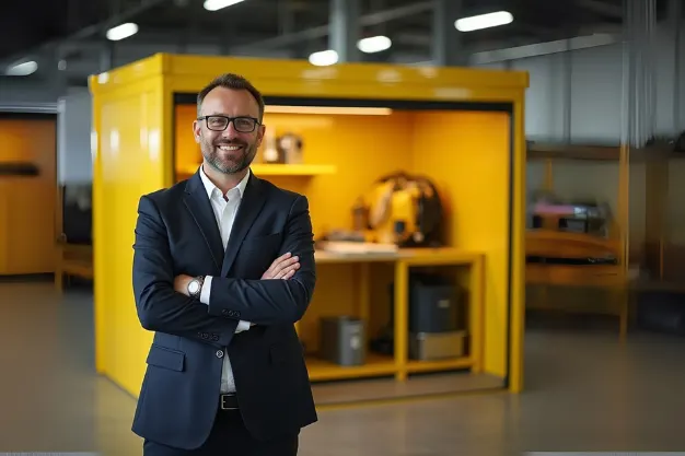 Business professional with customised yellow storage unit showcasing organised industrial equipment, highlighting 2025 storage solutions benefits